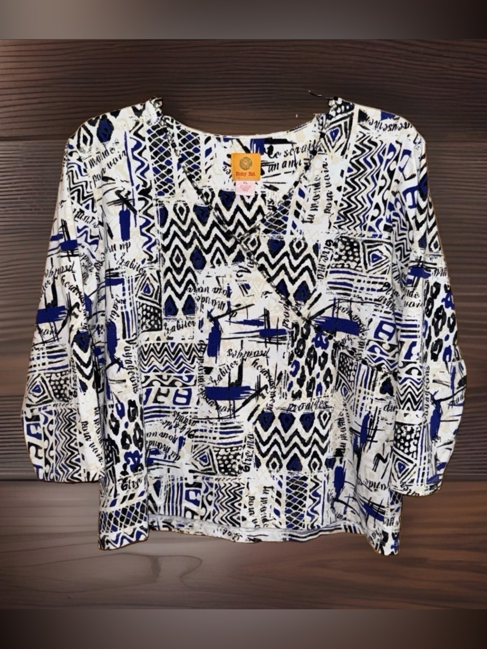 Ruby Rd. Abstract Pattern 3/4 Sleeve knit Top w/Embellishments-Black Blue-XL-EC